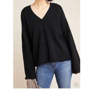 Anthropologie Classic Black Fringed V-neck Sweater